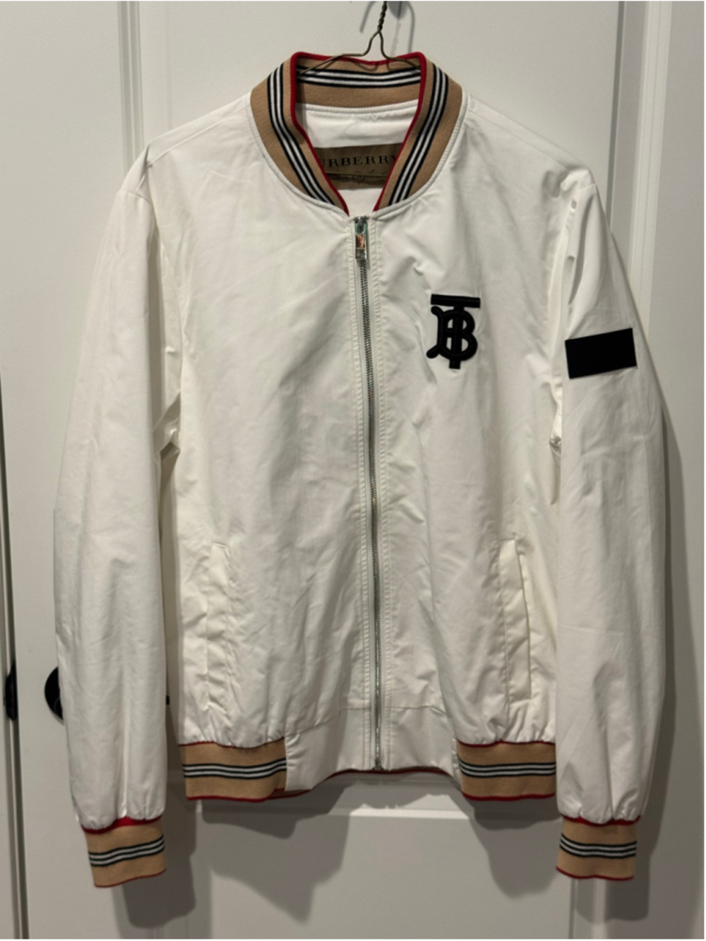 Men's Burberry White Bomber Jacket with TB Logo, Size L
